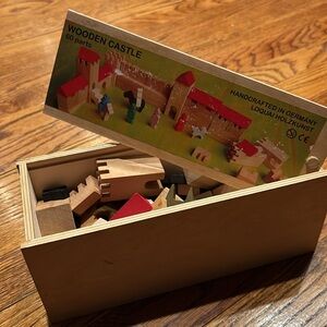 Vintage imported wooden castle building set miniature wood horses characters etc